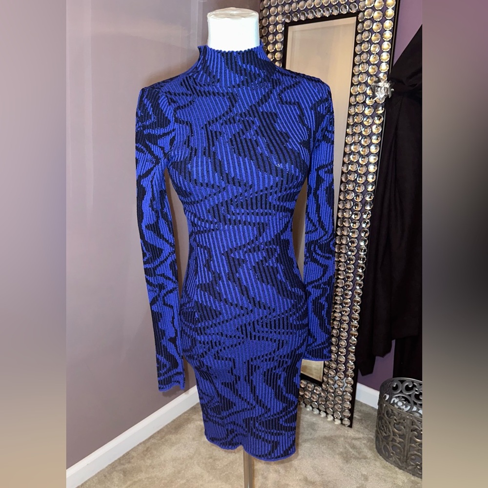 Blue and Black Patterned Sweater Dress